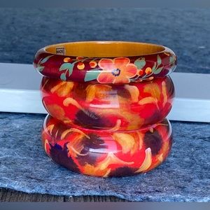 Lot Of 3 Vintage Hand Painted Wood Bangle Bracelets